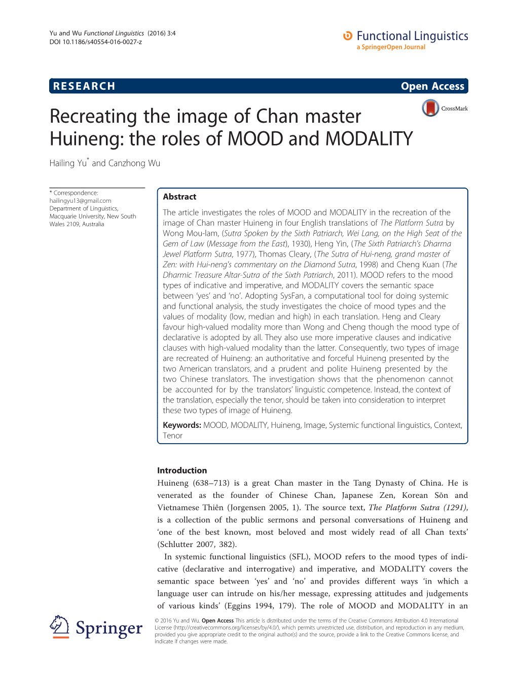 Recreating the Image of Chan Master Huineng: the Roles of MOOD and MODALITY Hailing Yu* and Canzhong Wu
