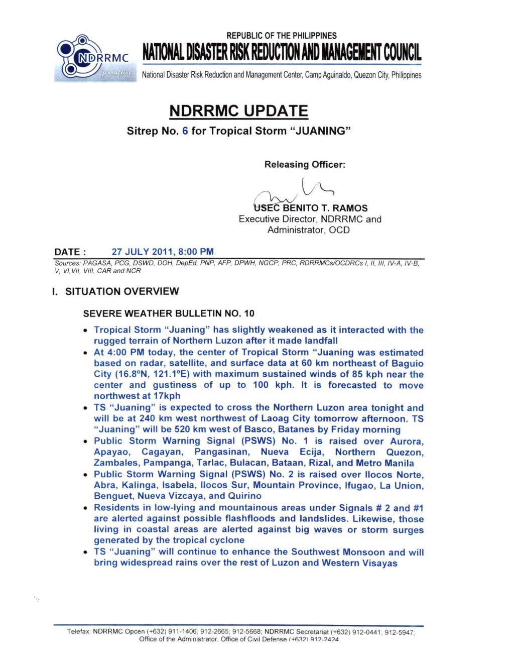 NDRRMC Update for Sitrep No 6 Re TS JUANING 27 JULY 2011