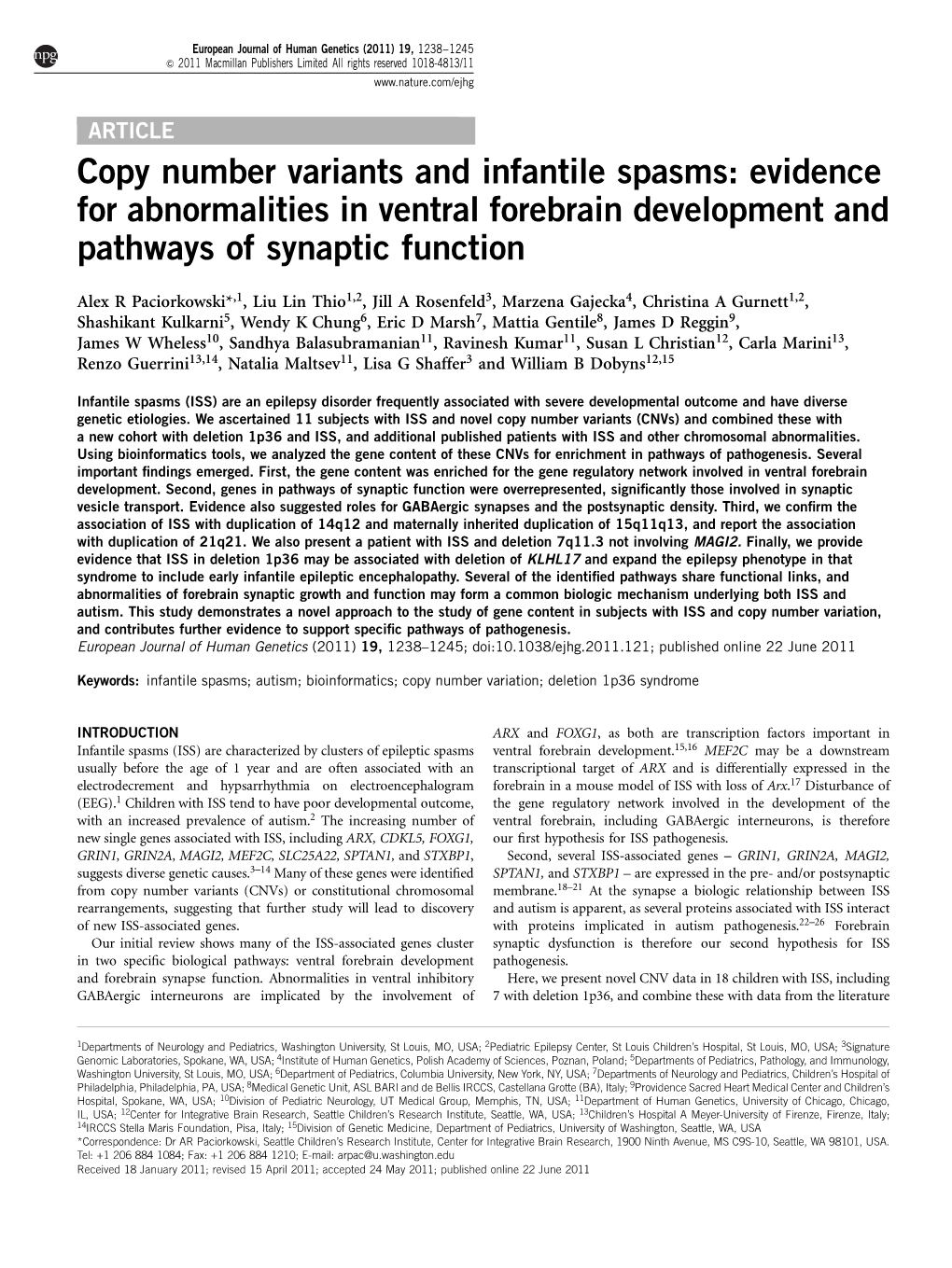Copy Number Variants and Infantile Spasms: Evidence for Abnormalities in Ventral Forebrain Development and Pathways of Synaptic Function