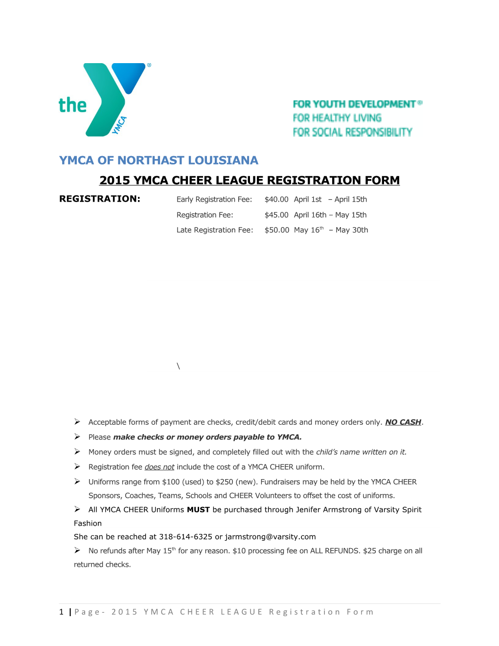 2015 Ymca Cheer League Registration Form