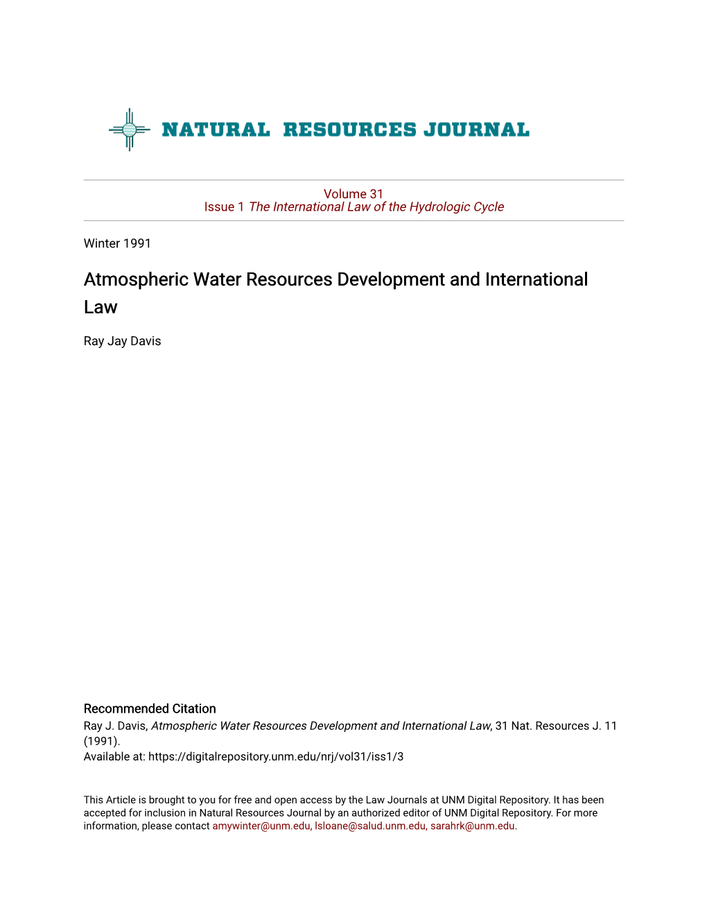 Atmospheric Water Resources Development and International Law
