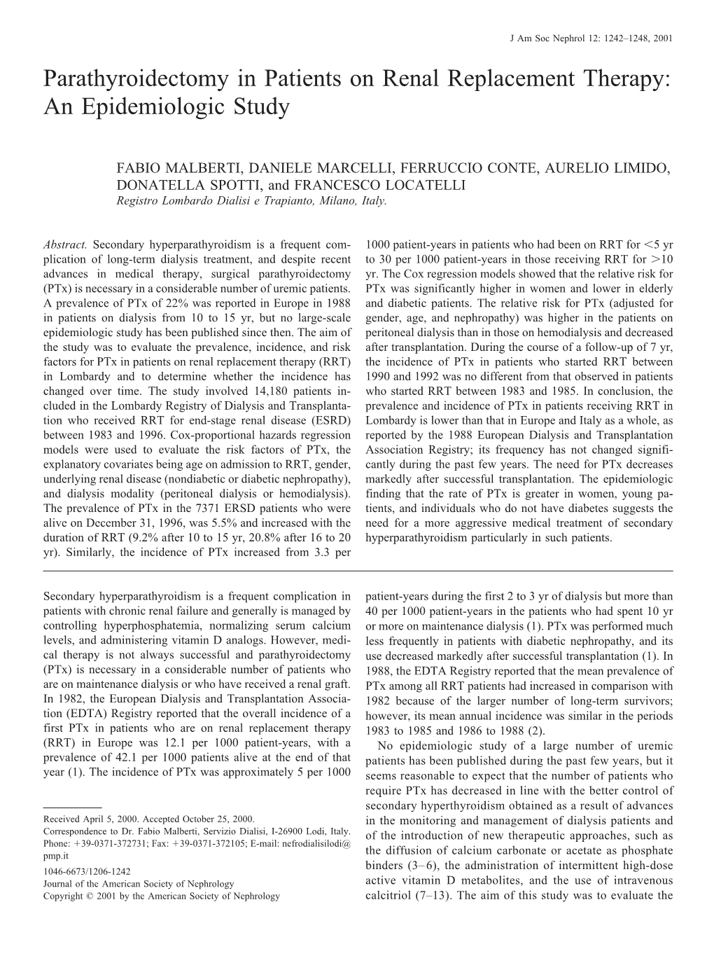 Parathyroidectomy in Patients on Renal Replacement Therapy: an Epidemiologic Study