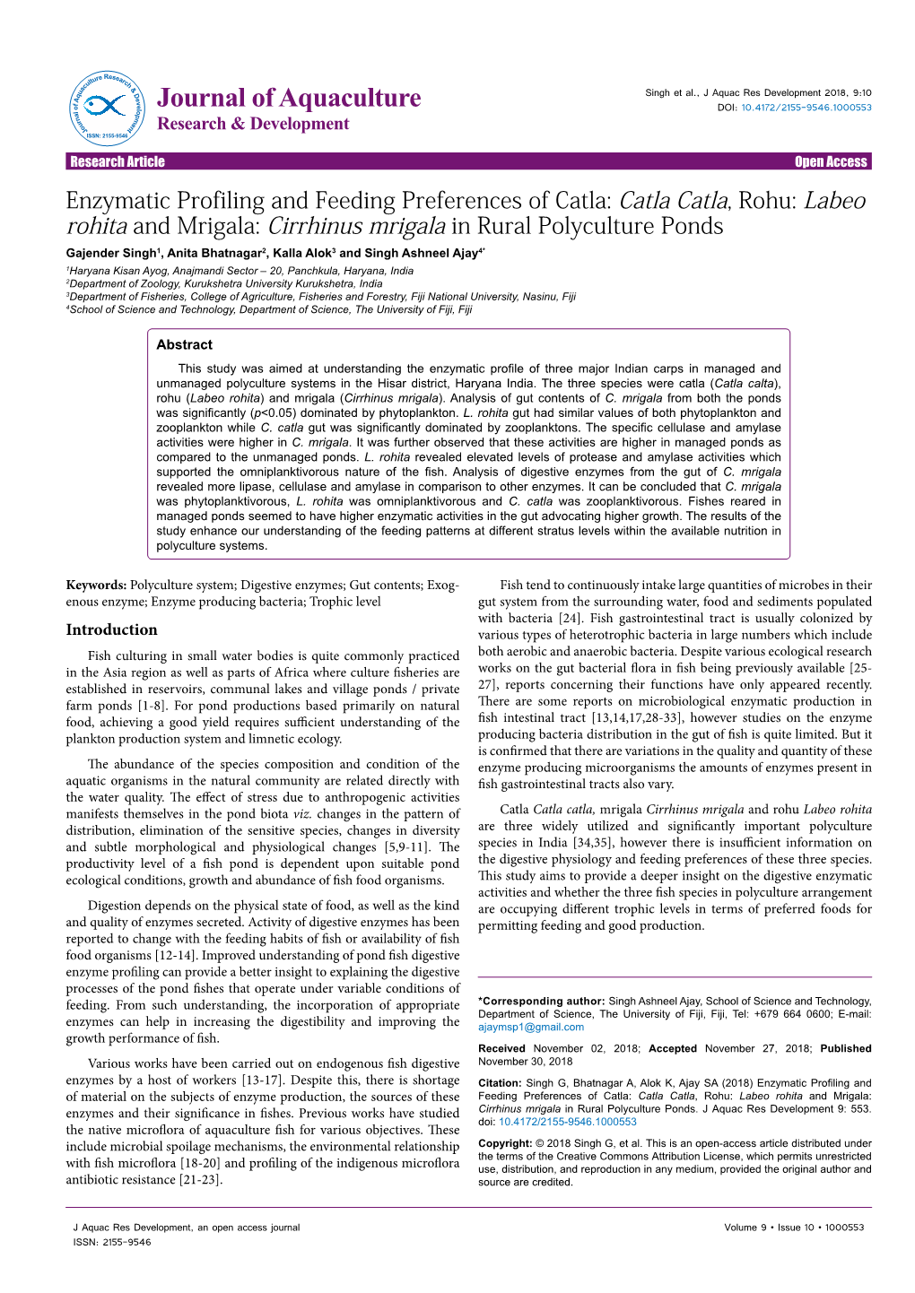 Enzymatic Profiling and Feeding Preferences of Catla: Catla Catla, Rohu: Labeo Rohita and Mrigala: Cirrhinus Mrigala in Rural Po