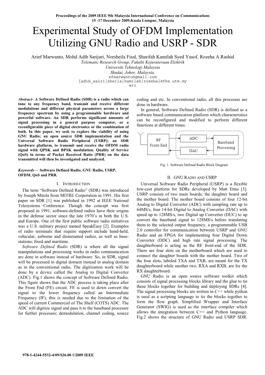 Experimental Study of OFDM Implementation Utilizing GNU Radio and USRP - SDR