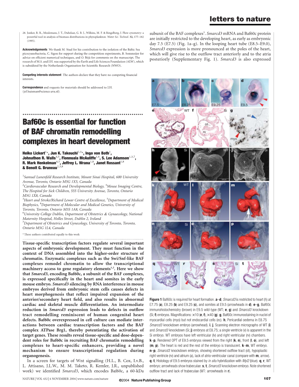 Baf60c Is Essential for Function of BAF Chromatin Remodelling Complexes in Heart Development