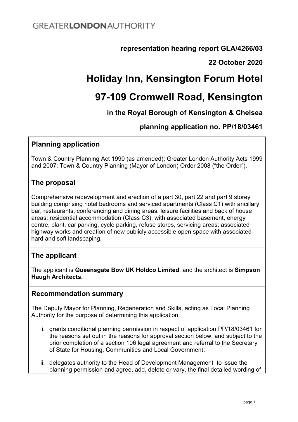 Holiday Inn, Kensington Forum Hotel 97-109 Cromwell Road, Kensington in the Royal Borough of Kensington & Chelsea