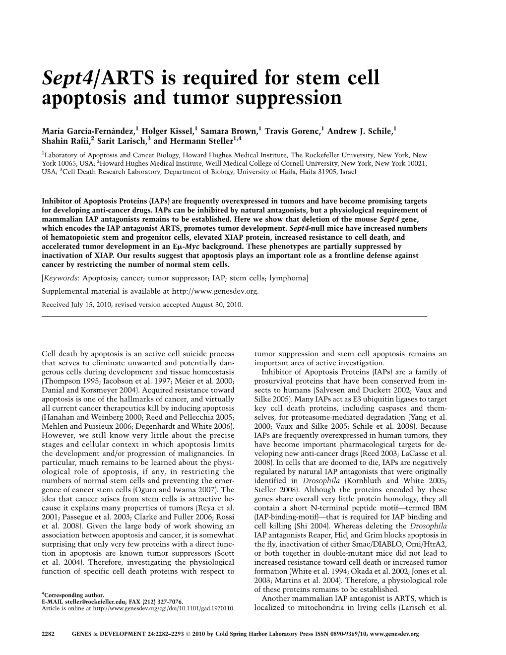 Sept4/ARTS Is Required for Stem Cell Apoptosis and Tumor Suppression