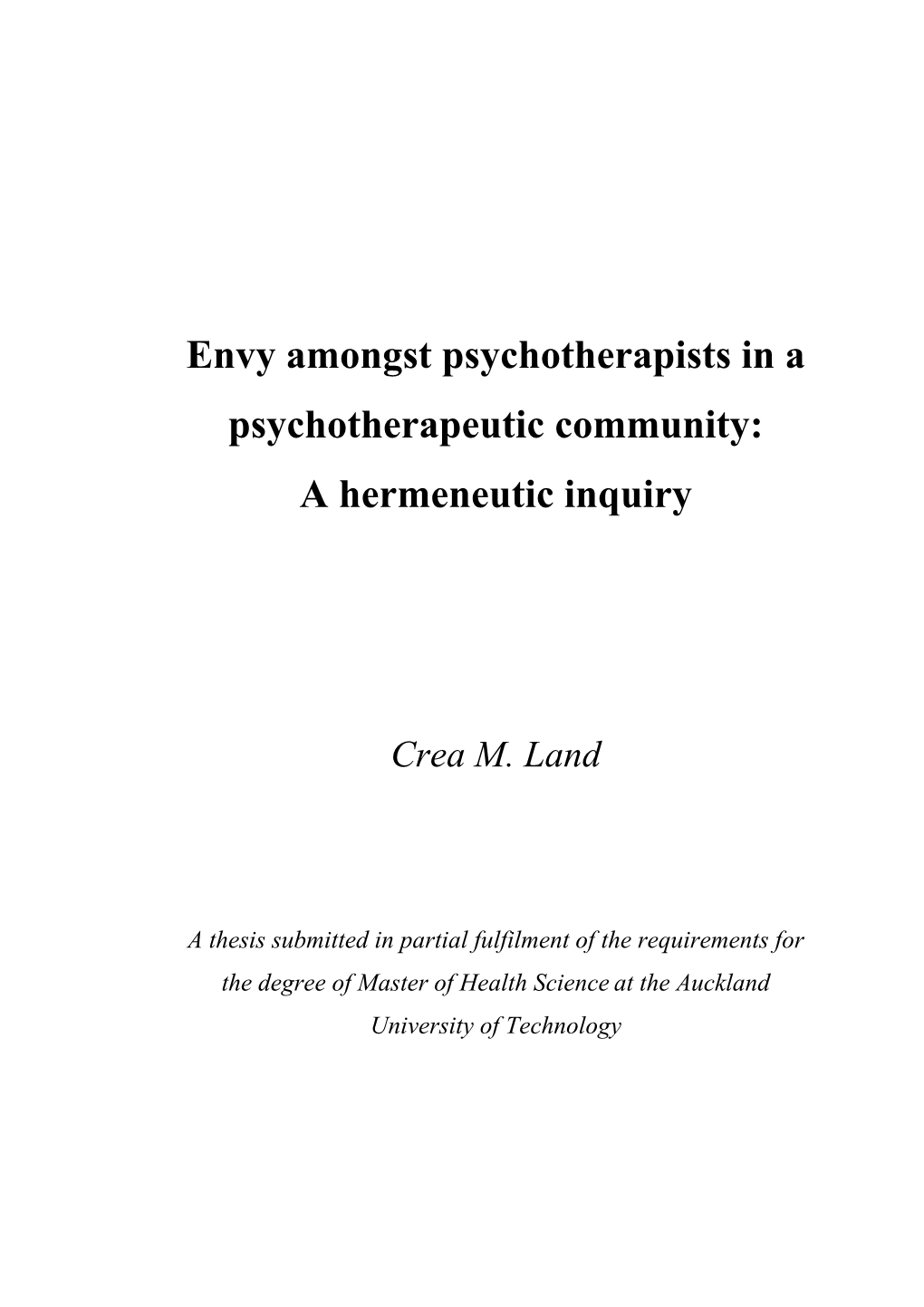 Envy Amongst Psychotherapists in a Psychotherapeutic Community: a Hermeneutic Inquiry