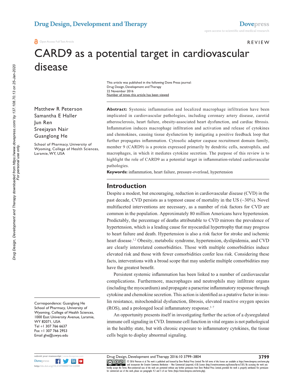 CARD9 As a Potential Target in Cardiovascular Disease