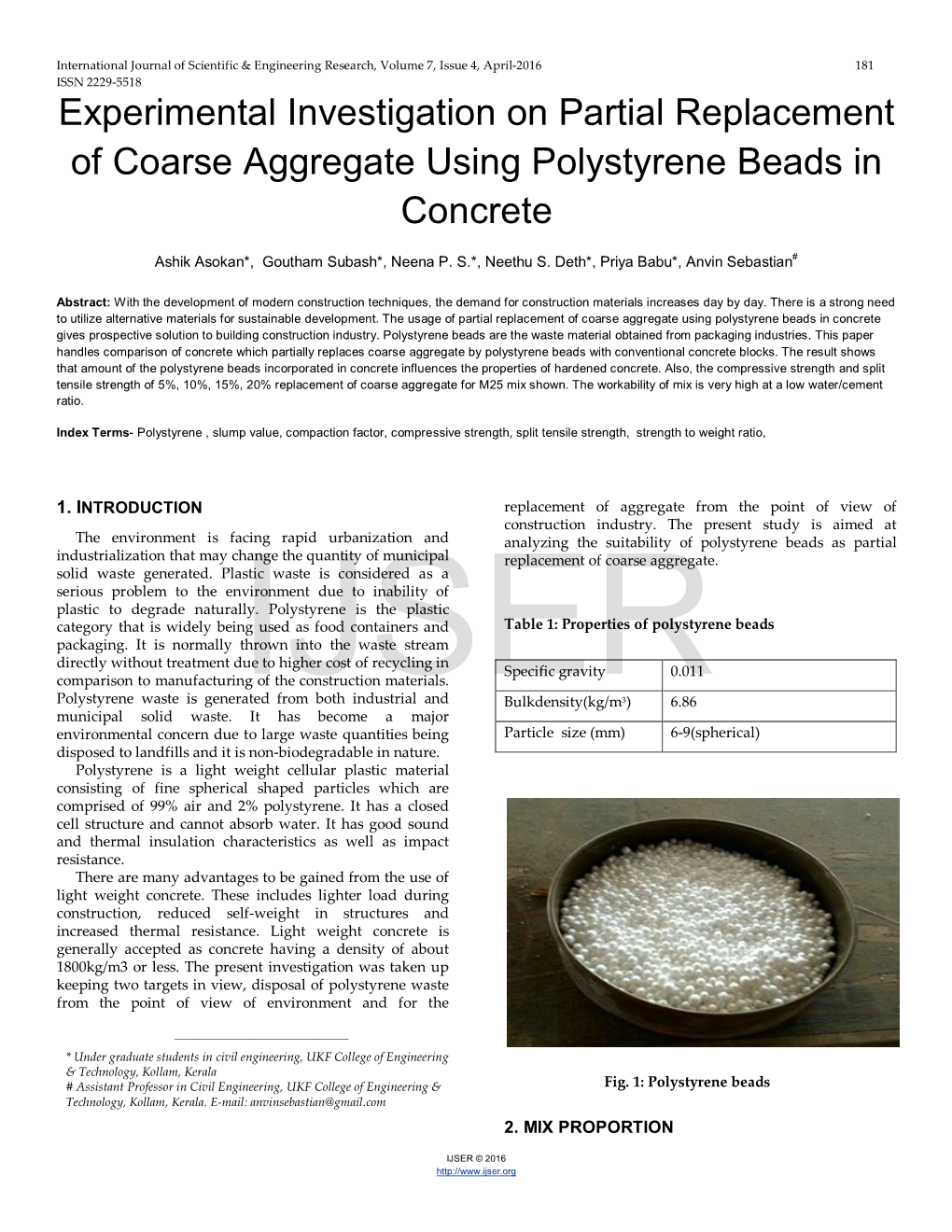 Experimental Investigation on Partial Replacement of Coarse Aggregate Using Polystyrene Beads in Concrete