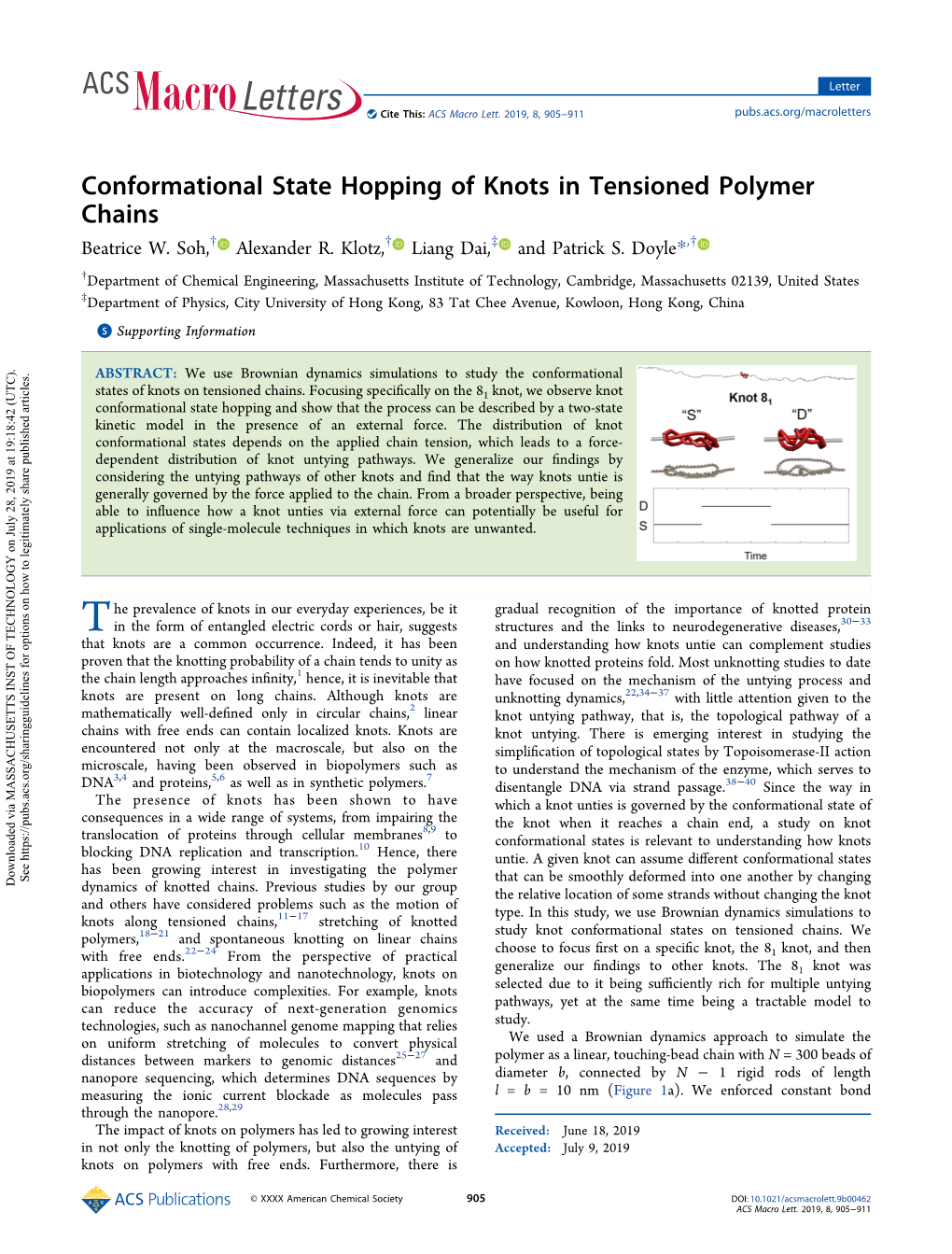 Conformational State Hopping of Knots in Tensioned Polymer Chains † † ‡ † Beatrice W