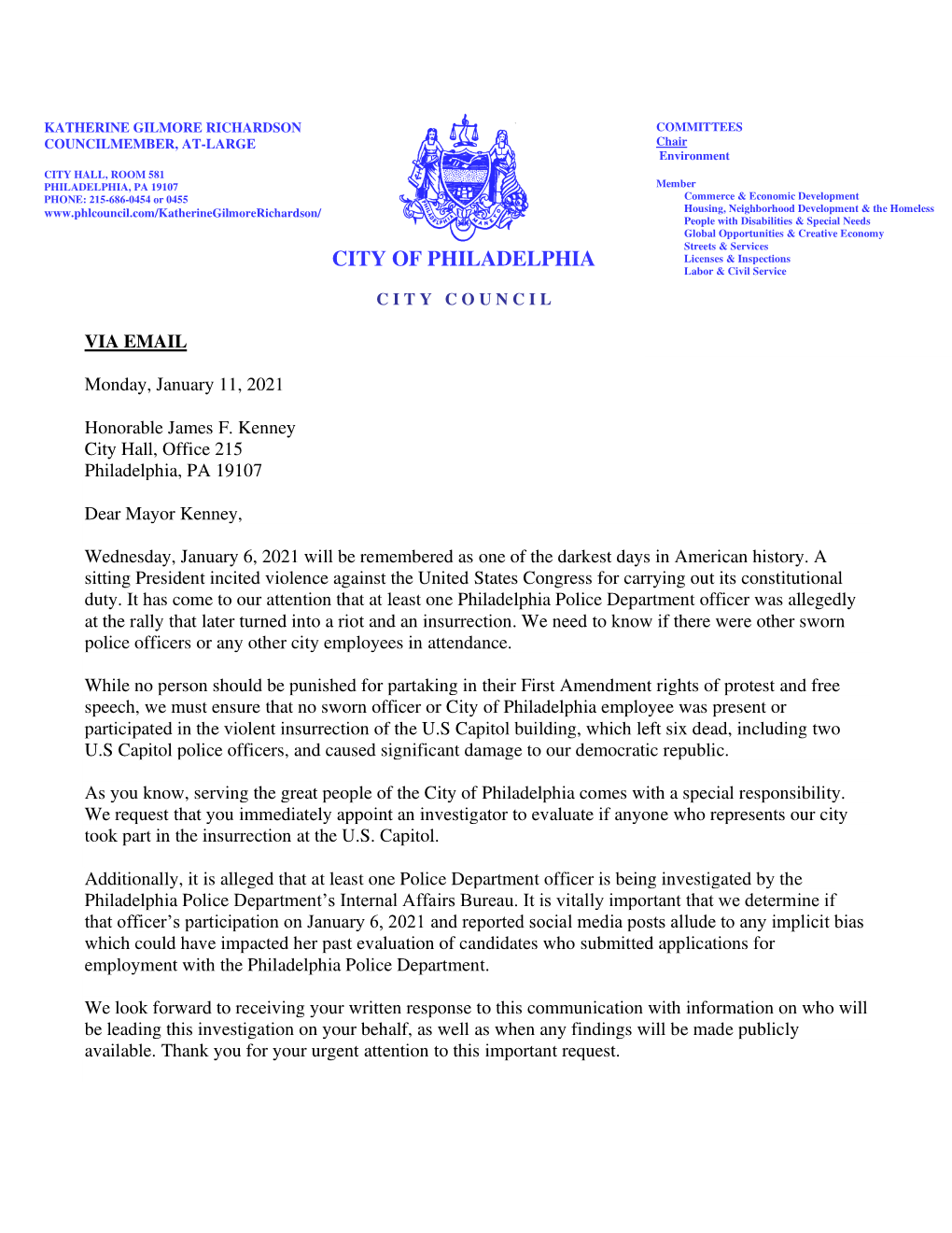 01.11.20 Letter to Mayor Kenney Regarding Capitol Insurrection