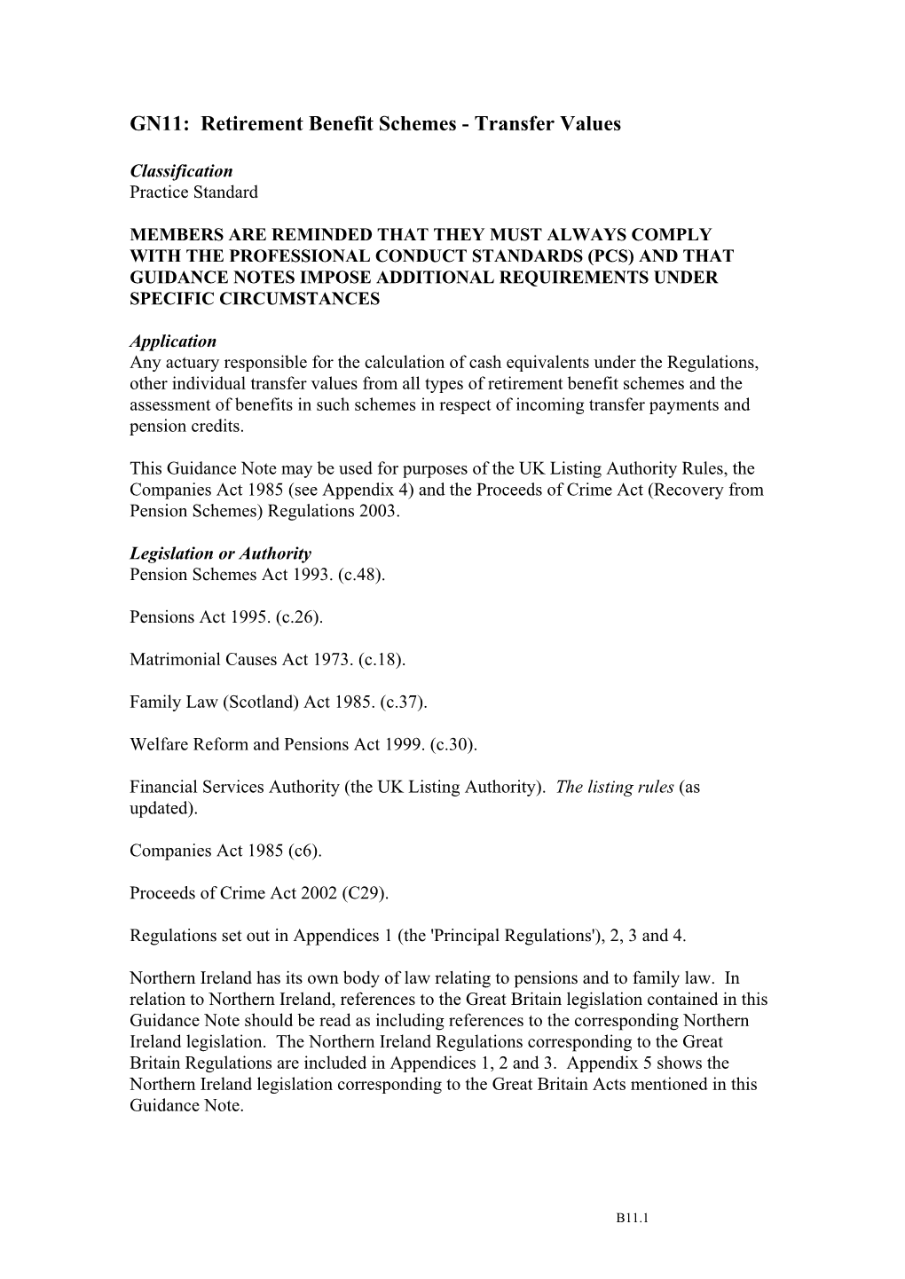 GN11: Retirement Benefit Schemes - Transfer Values