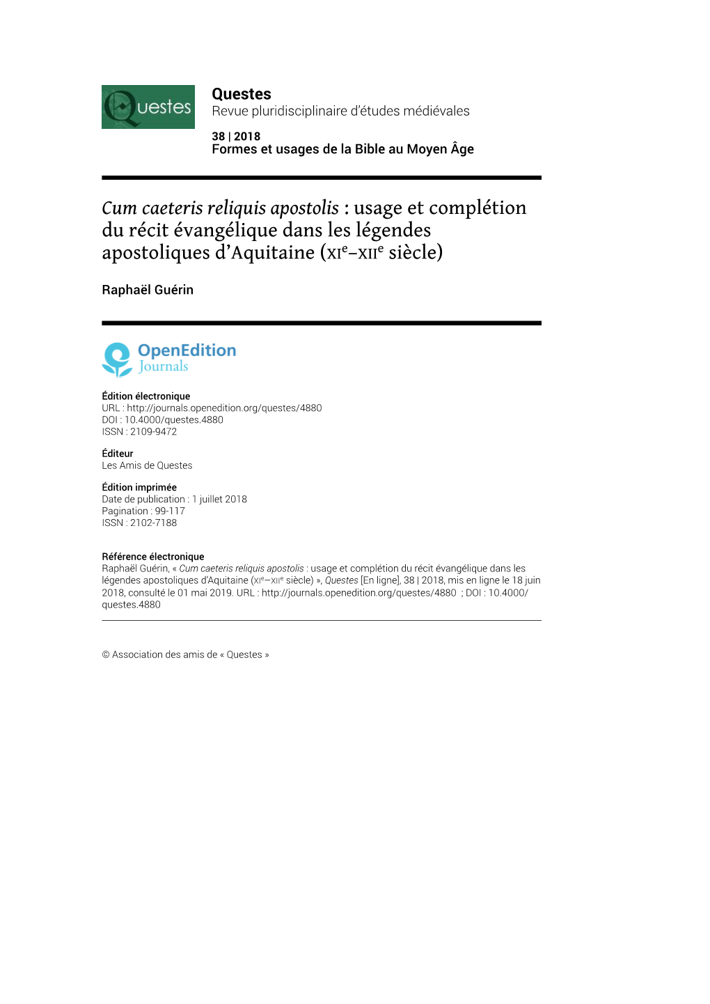 Cum Caeteris Reliquis Apostolis : Usage Et Complétion Du Récit Évangélique Dans Les Légendes Apostoliques D’Aquitaine (Xie–Xiie Siècle)