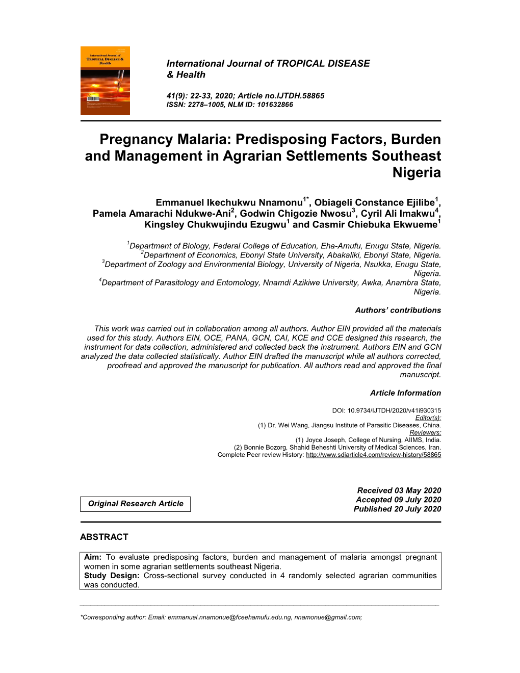 Predisposing Factors, Burden and Management in Agrarian Settlements Southeast Nigeria