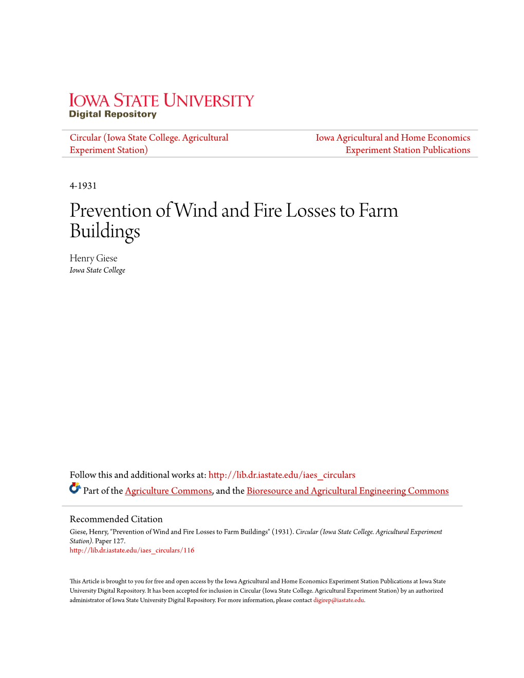 Prevention of Wind and Fire Losses to Farm Buildings Henry Giese Iowa State College