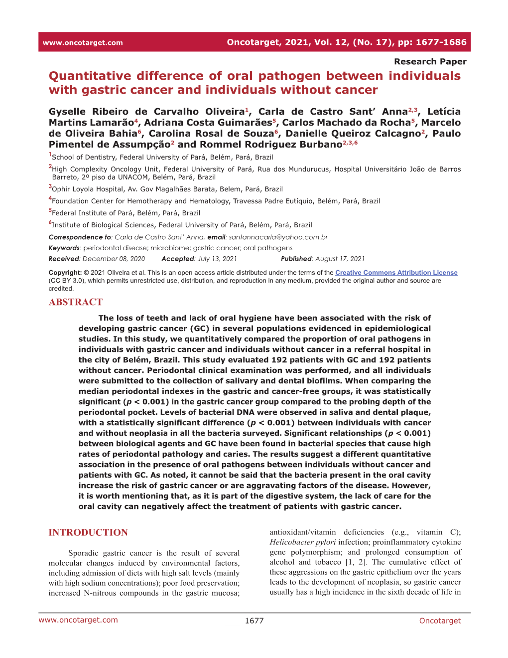 Quantitative Difference of Oral Pathogen Between Individuals with Gastric Cancer and Individuals Without Cancer