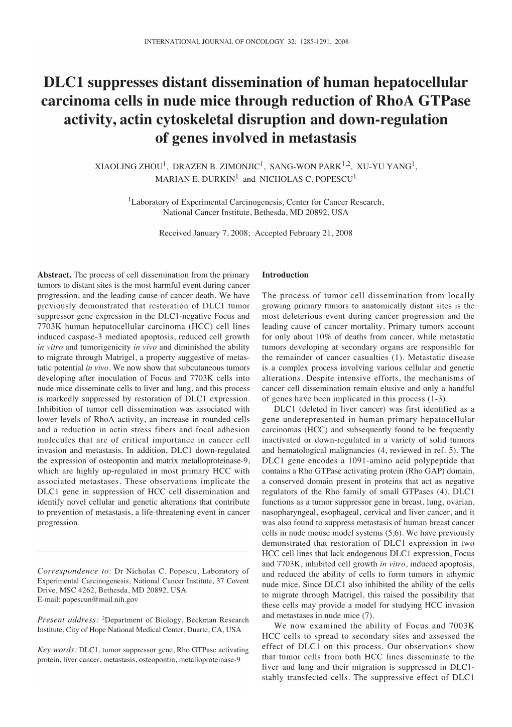 DLC1 Suppresses Distant Dissemination of Human