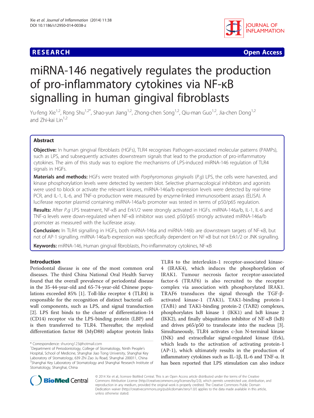 Mirna-146 Negatively Regulates the Production of Pro-Inflammatory