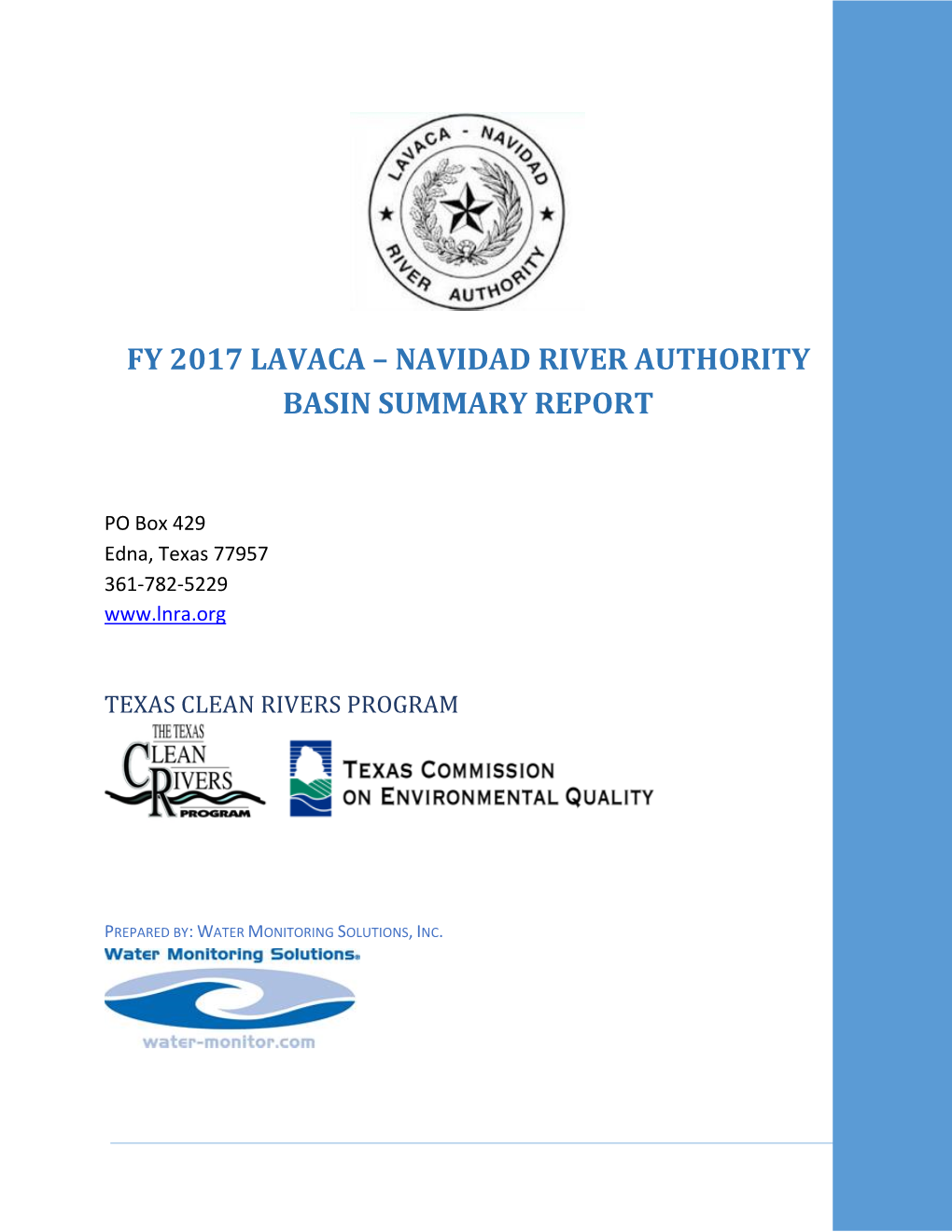 Fy 2017 Lavaca – Navidad River Authority Basin Summary Report