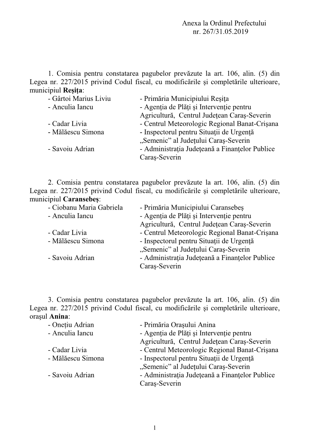 Anexa La Ordinul Prefectului Nr. 267/31.05.2019 1. Comisia Pentru