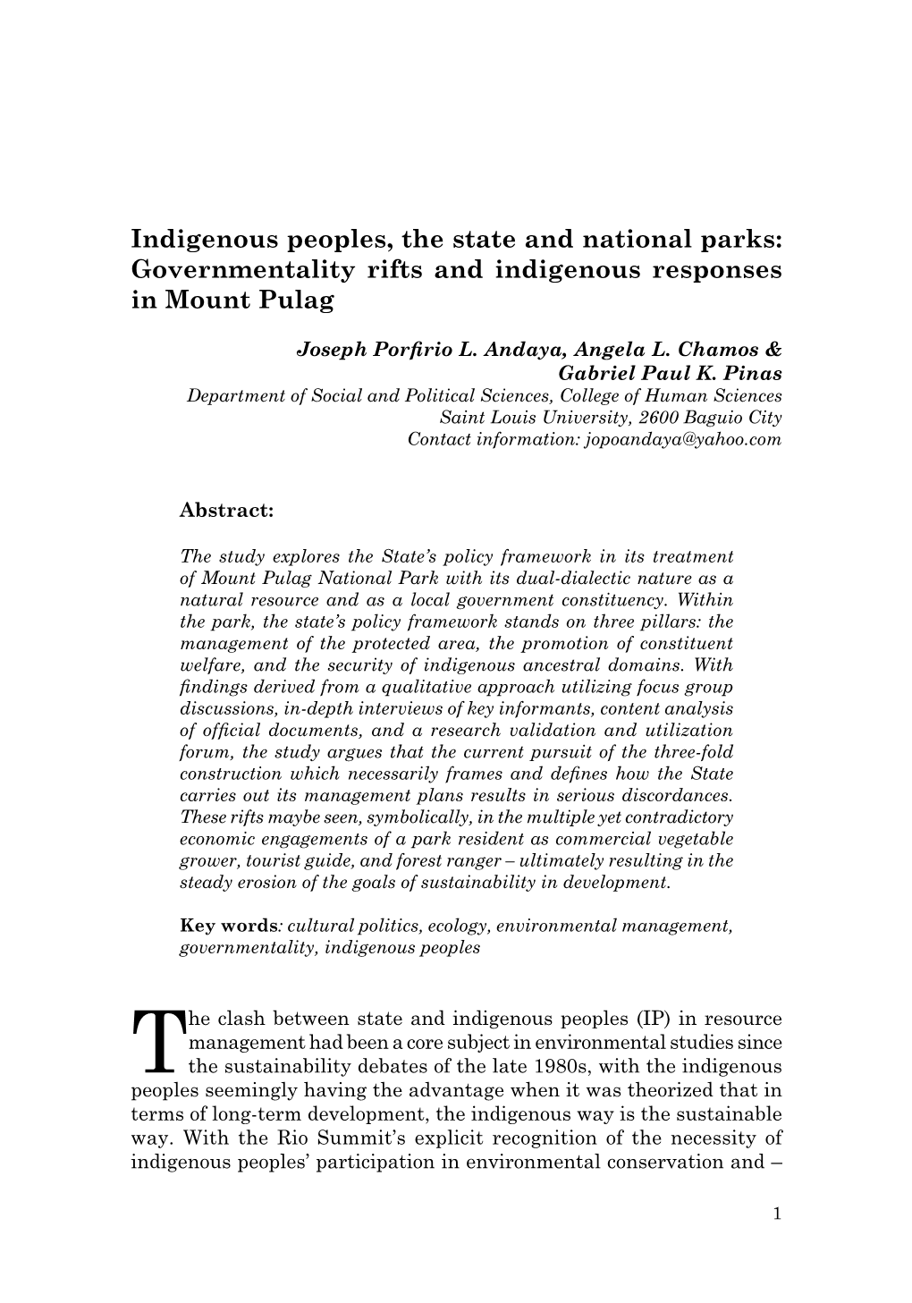 Indigenous Peoples, the State and National Parks: Governmentality Rifts and Indigenous Responses in Mount Pulag