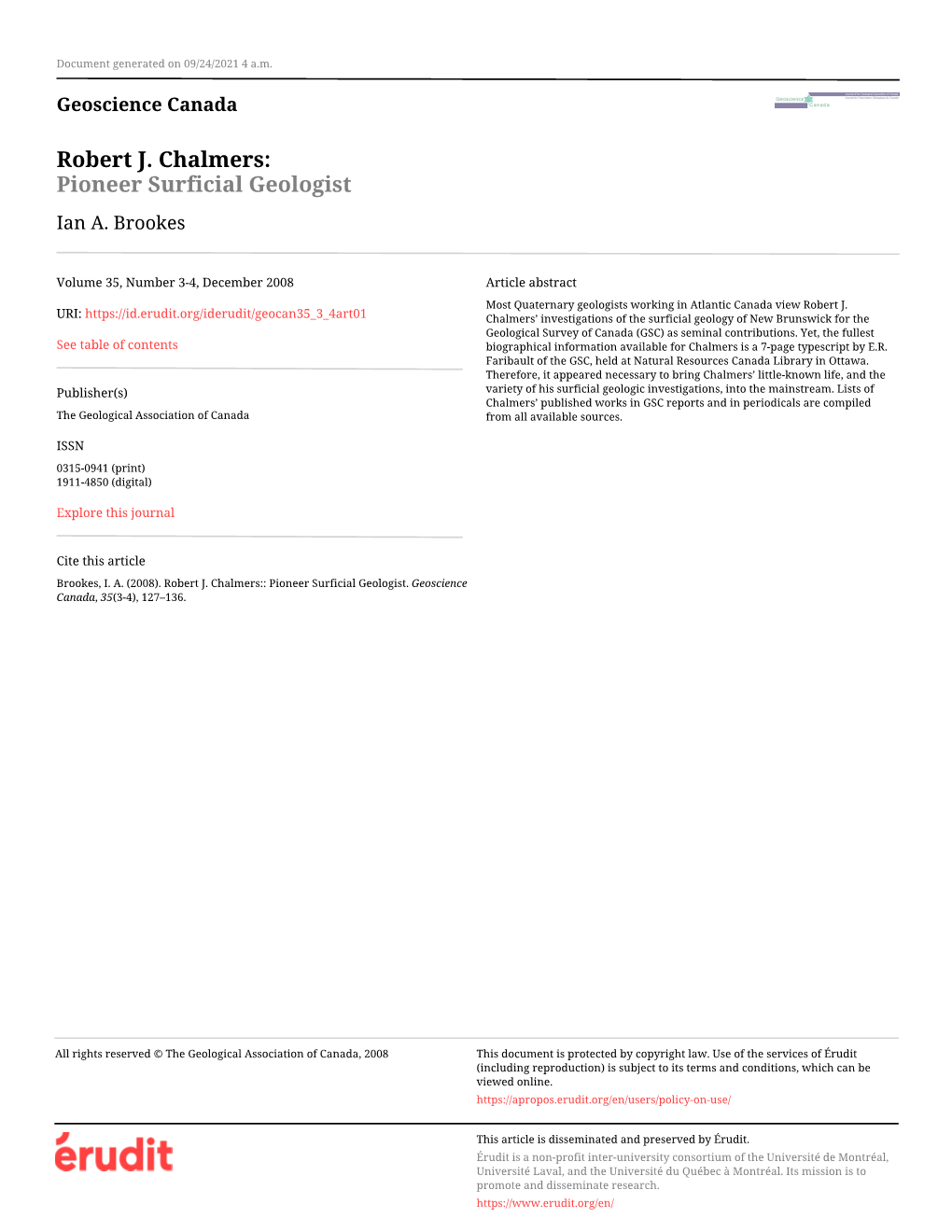 Robert J. Chalmers:: Pioneer Surficial Geologist