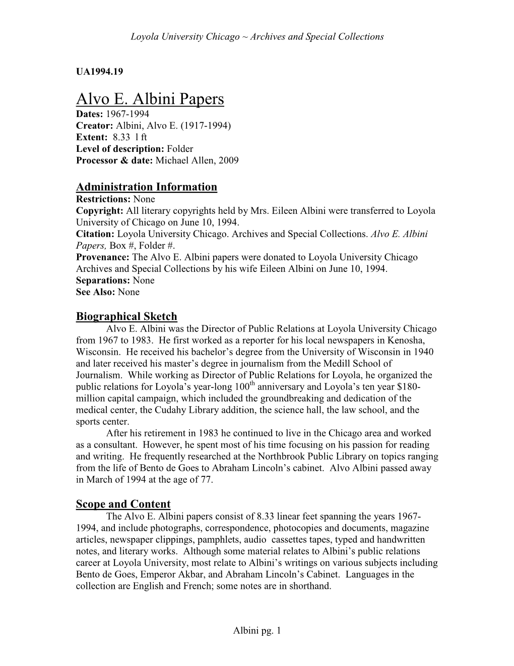 Alvo E. Albini Papers, 1967-1994