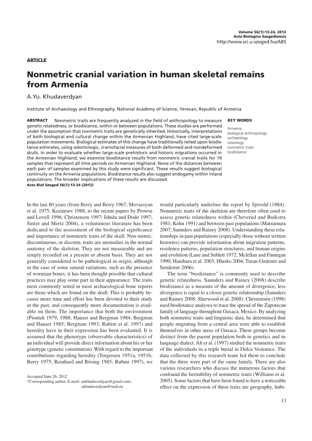 Nonmetric Cranial Variation in Human Skeletal Remains from Armenia A.Yu