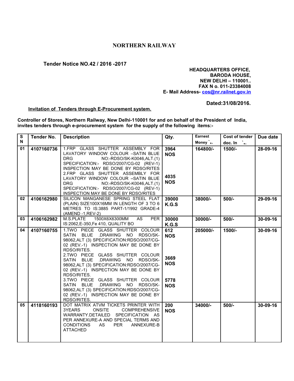 Tender Notice NO.42 / 2016 -2017