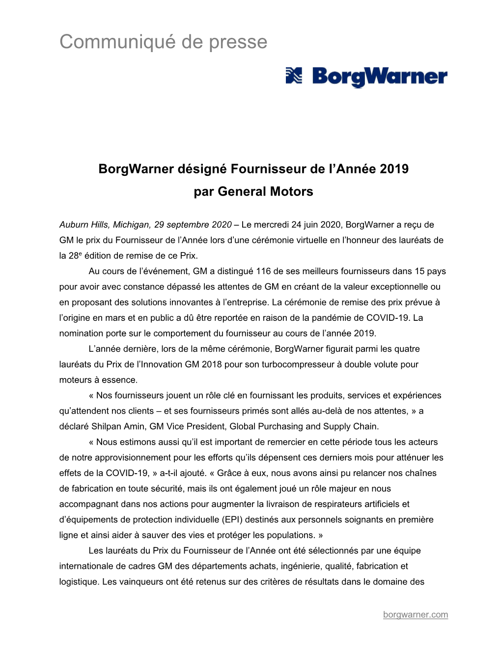 Borgwarner Désigné Fournisseur De L'année 2019 Par General Motors