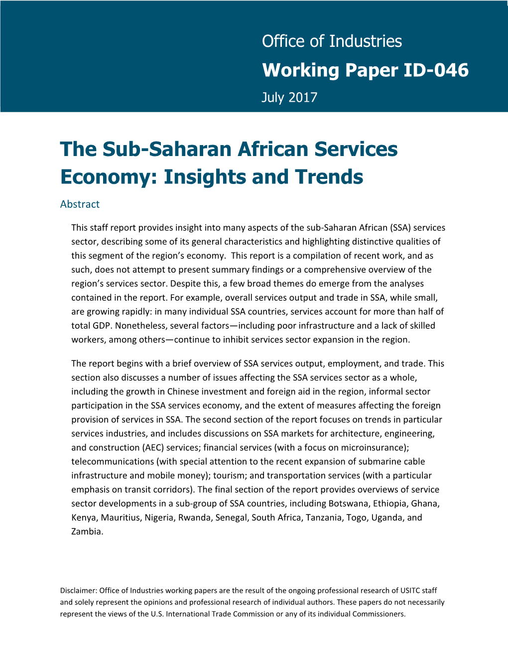 Sub-Saharan African Services Economy: Insights and Trends Abstract