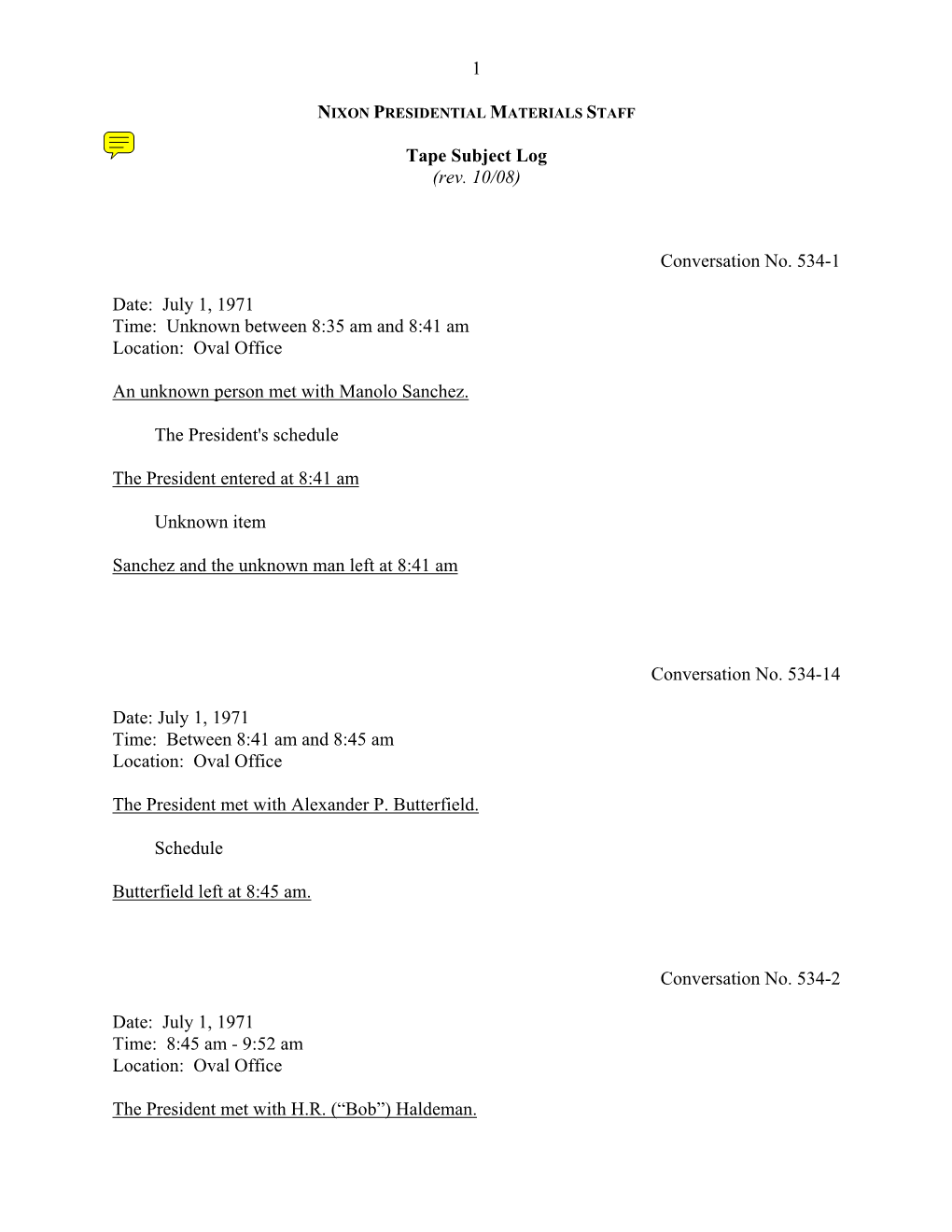 Oval #534: July 1, 1971 [Complete Tape Subject Log]