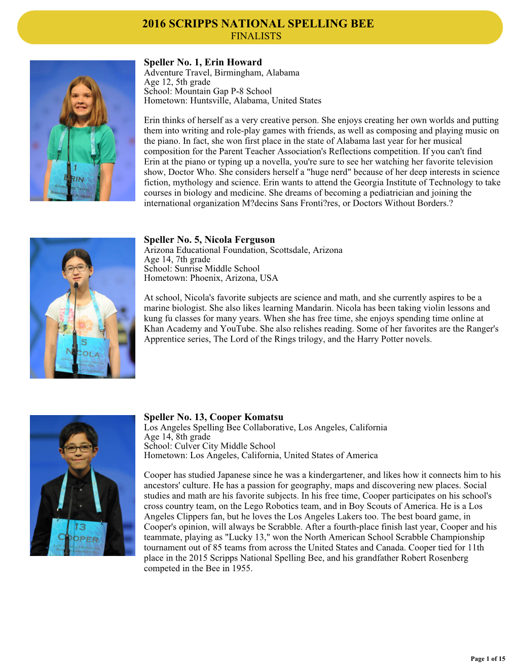 2016 Scripps National Spelling Bee Finalists