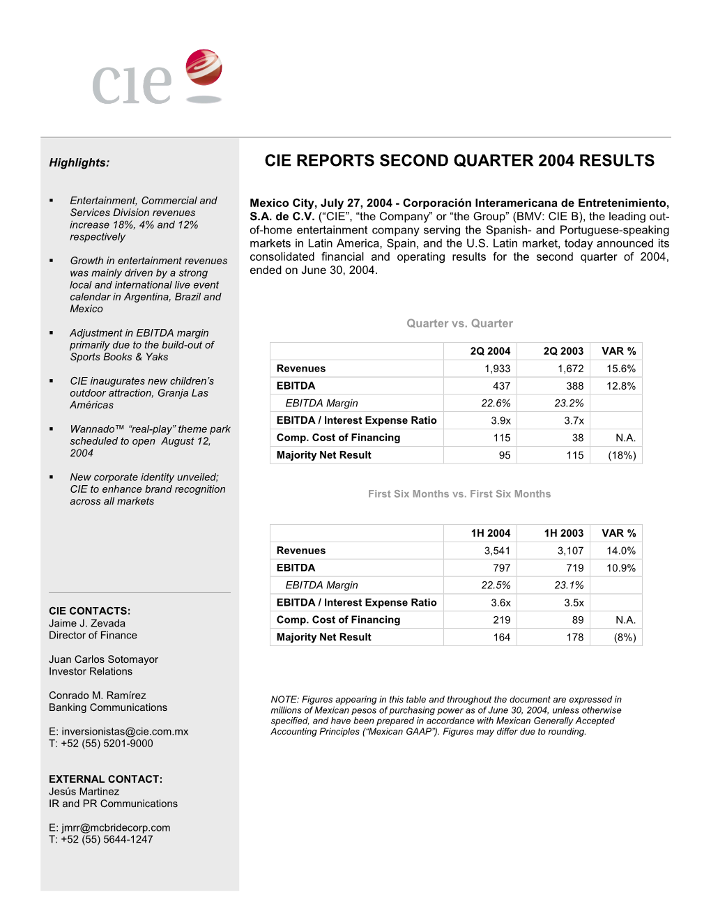 Cie Reports Second Quarter 2004 Results