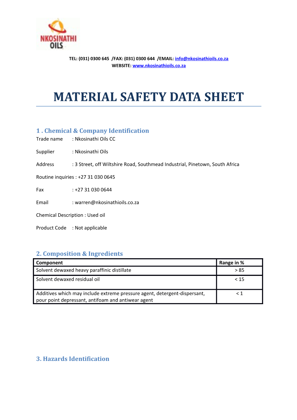 Material Safety Data Sheet s40