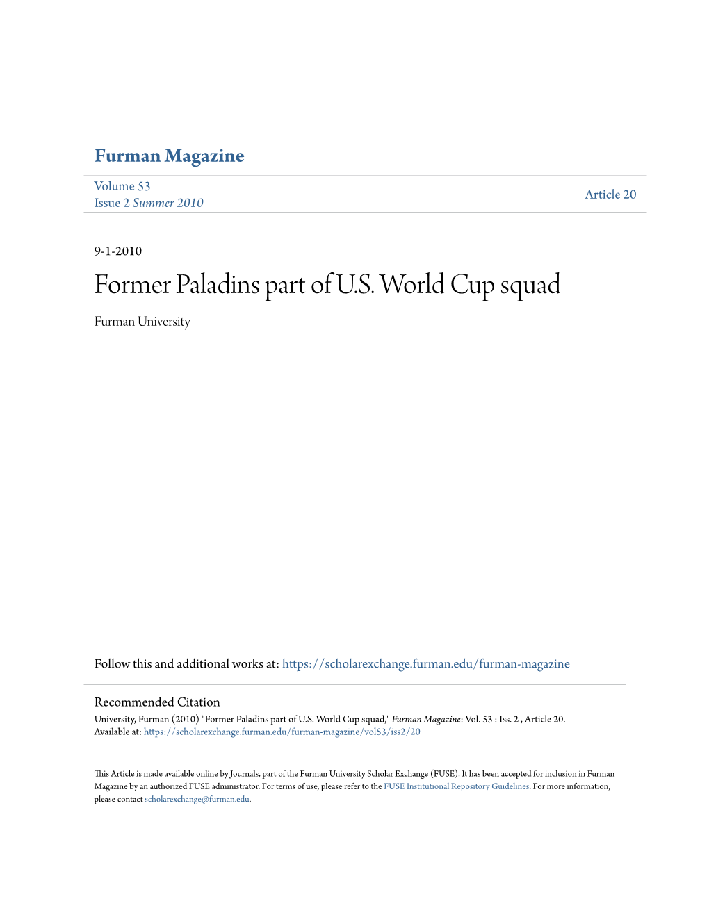 Former Paladins Part of U.S. World Cup Squad Furman University