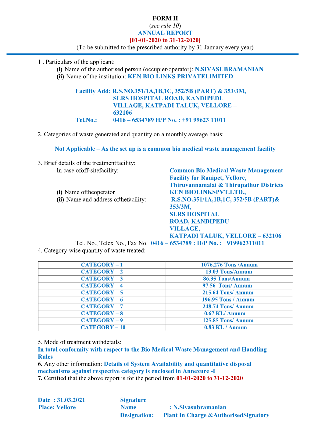 ANNUAL REPORT [01-01-2020 to 31-12-2020] (To Be Submitted to the Prescribed Authority by 31 January Every Year)