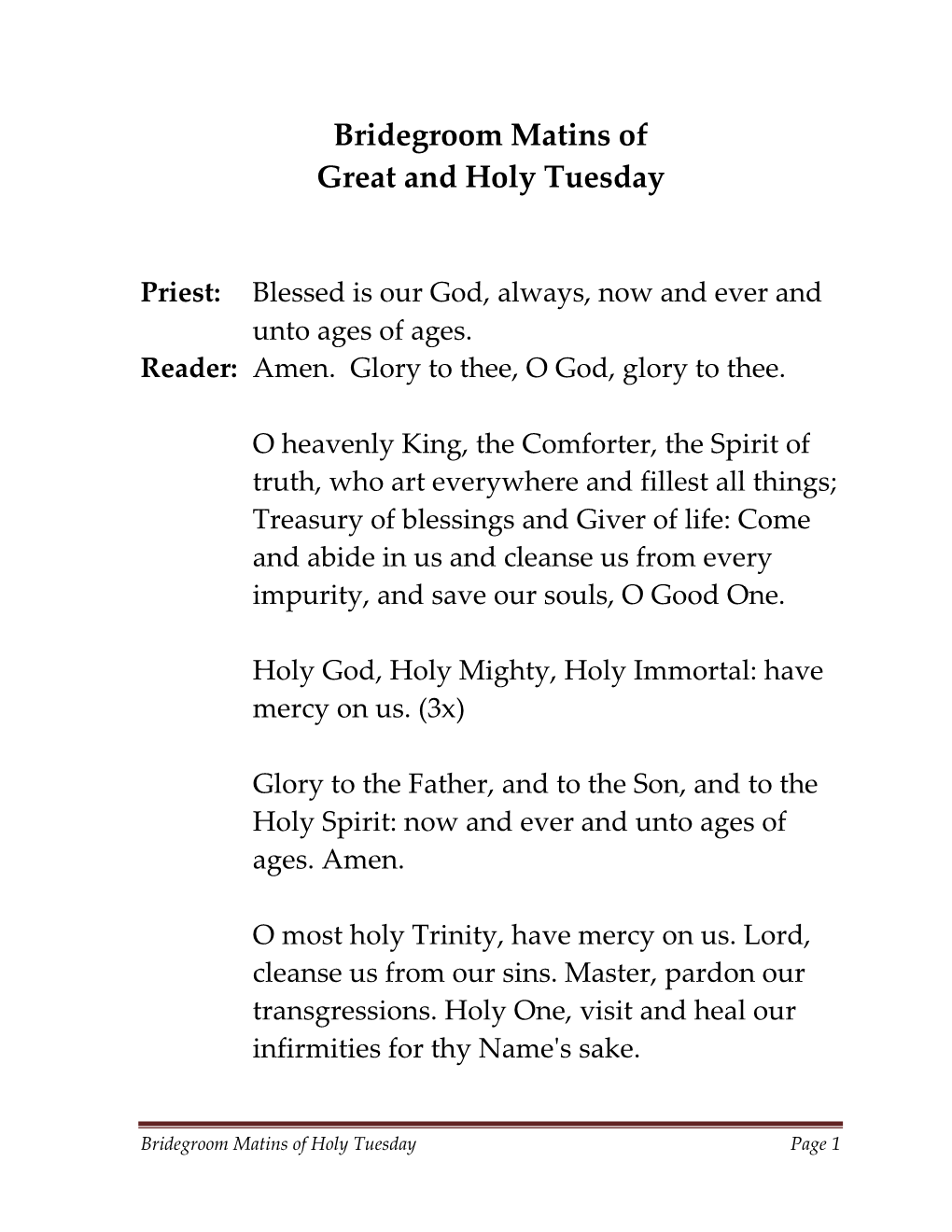 Bridegroom Matins of Holy Tuesday Page 1