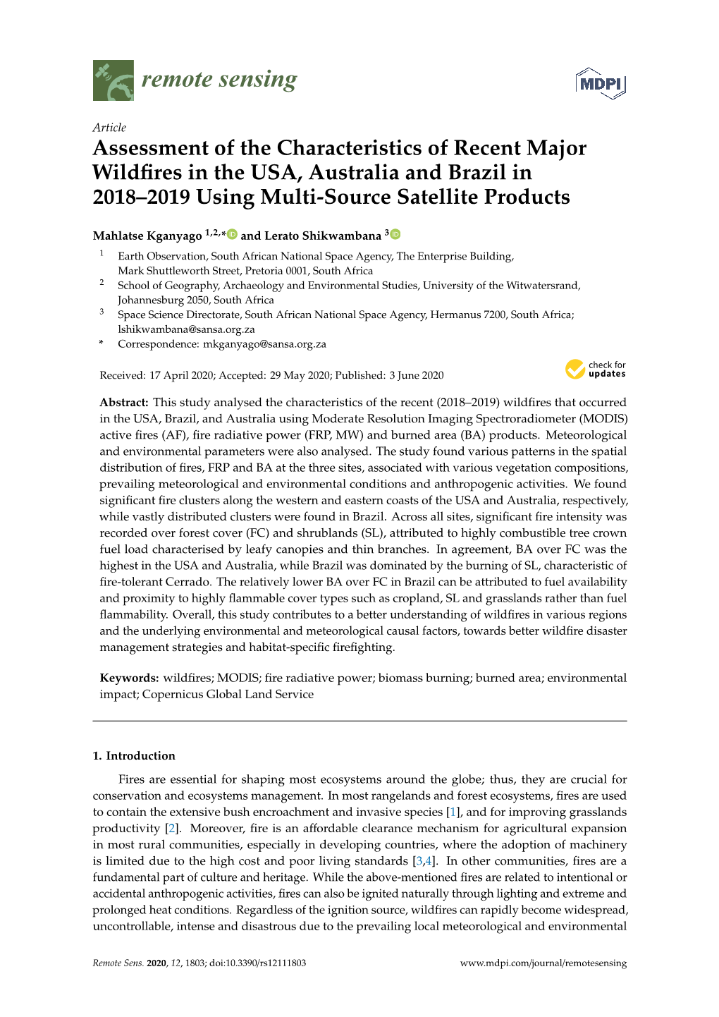 Assessment of the Characteristics of Recent Major Wildfires in the USA