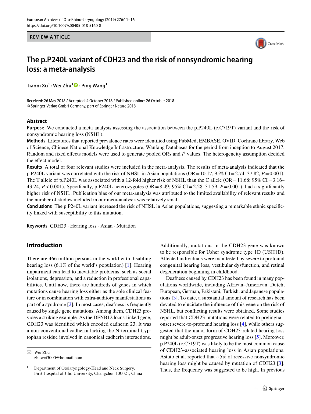 The P.P240L Variant of CDH23 and the Risk of Nonsyndromic Hearing Loss: a Meta-Analysis