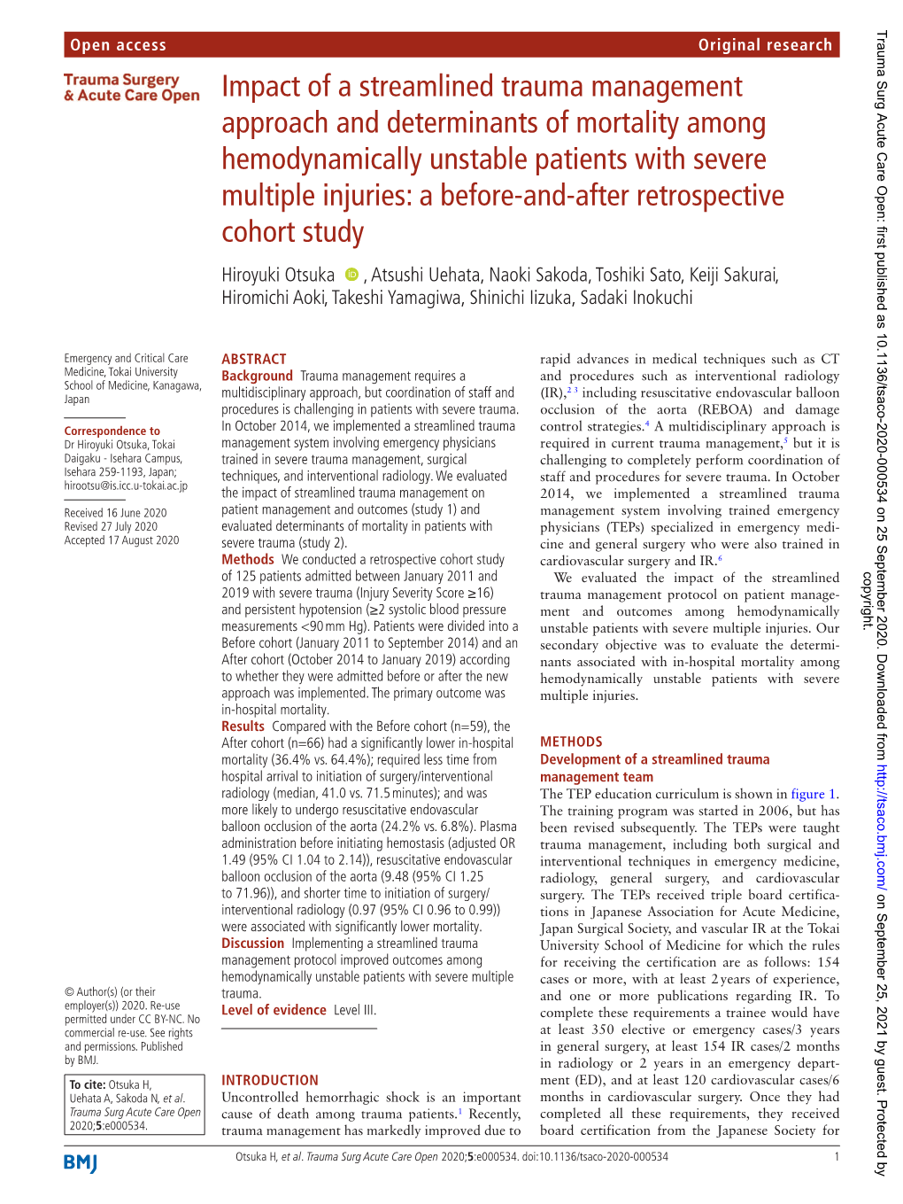 Impact of a Streamlined Trauma Management Approach and Determinants of Mortality Among Hemodynamically Unstable Patients with Se