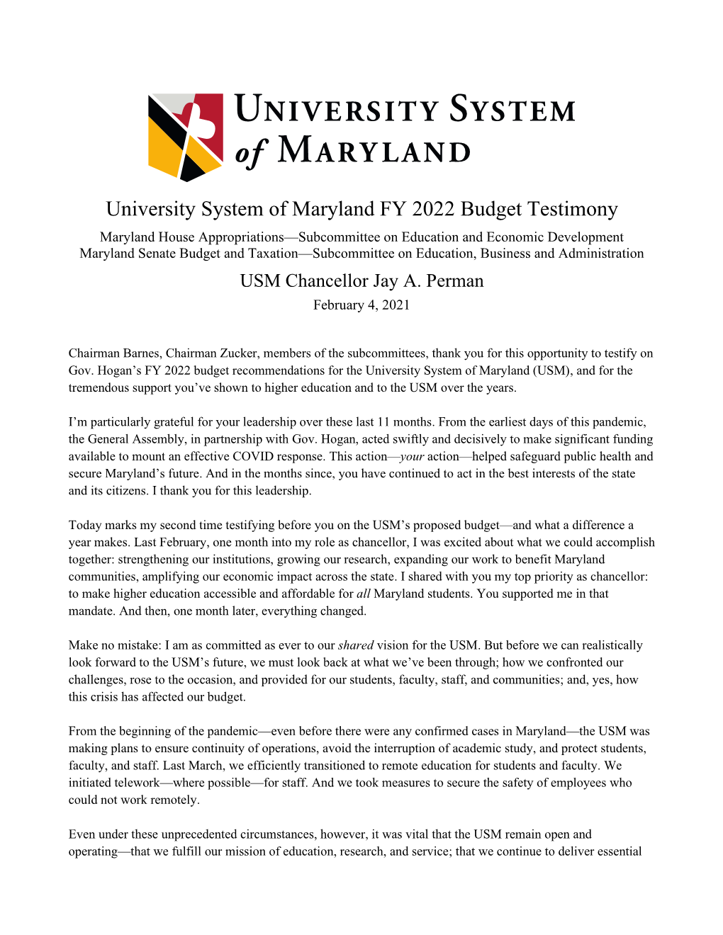 University System of Maryland FY 2022 Budget Testimony