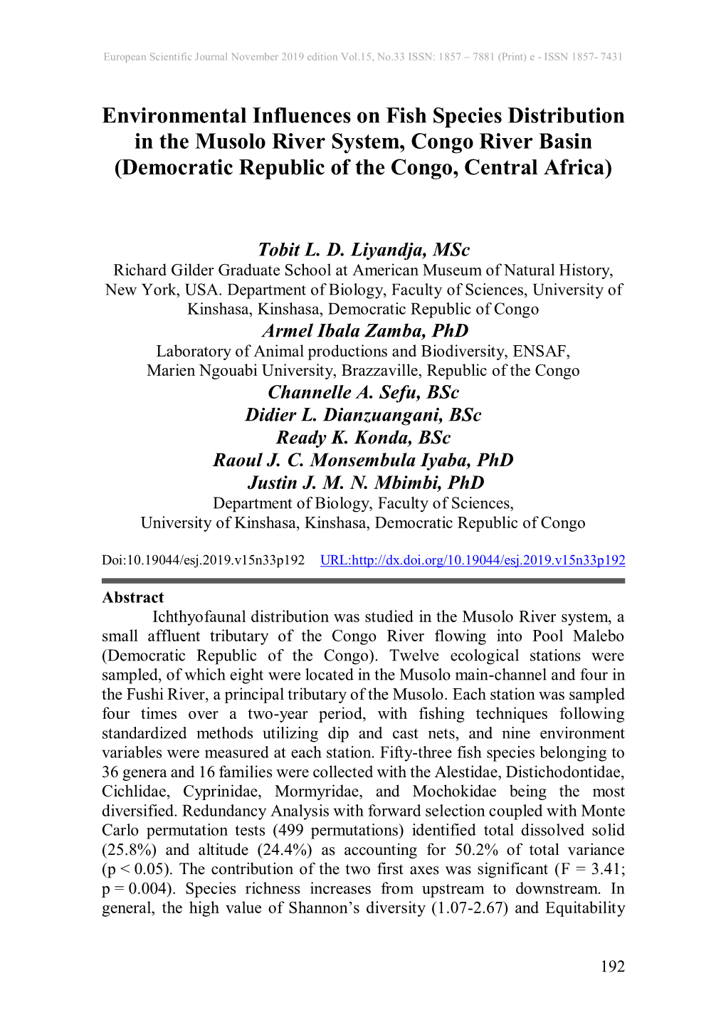 Environmental Influences on Fish Species Distribution in the Musolo River System, Congo River Basin (Democratic Republic of the Congo, Central Africa)