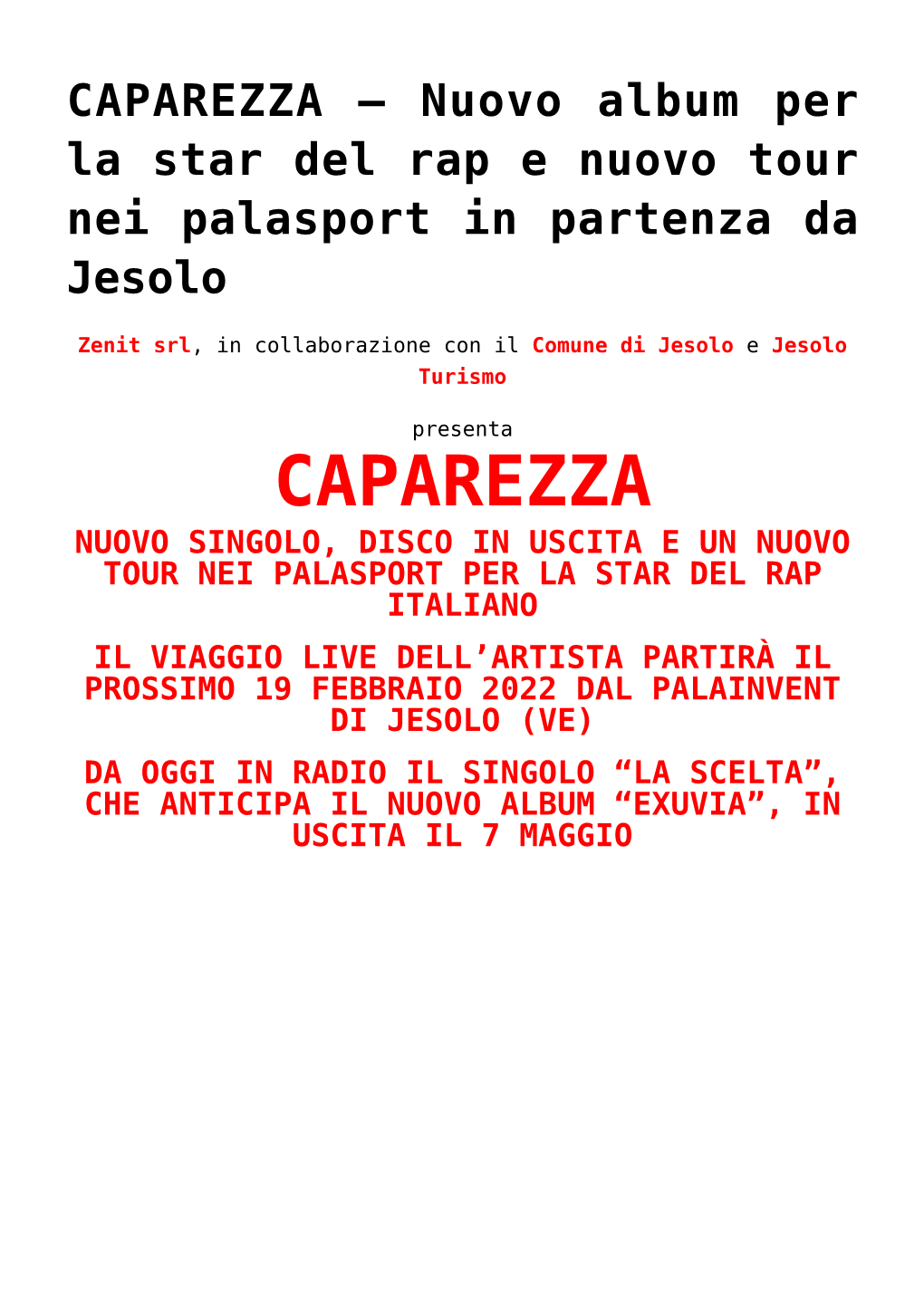 CAPAREZZA – Nuovo Album Per La Star Del Rap E Nuovo Tour Nei Palasport in Partenza Da Jesolo