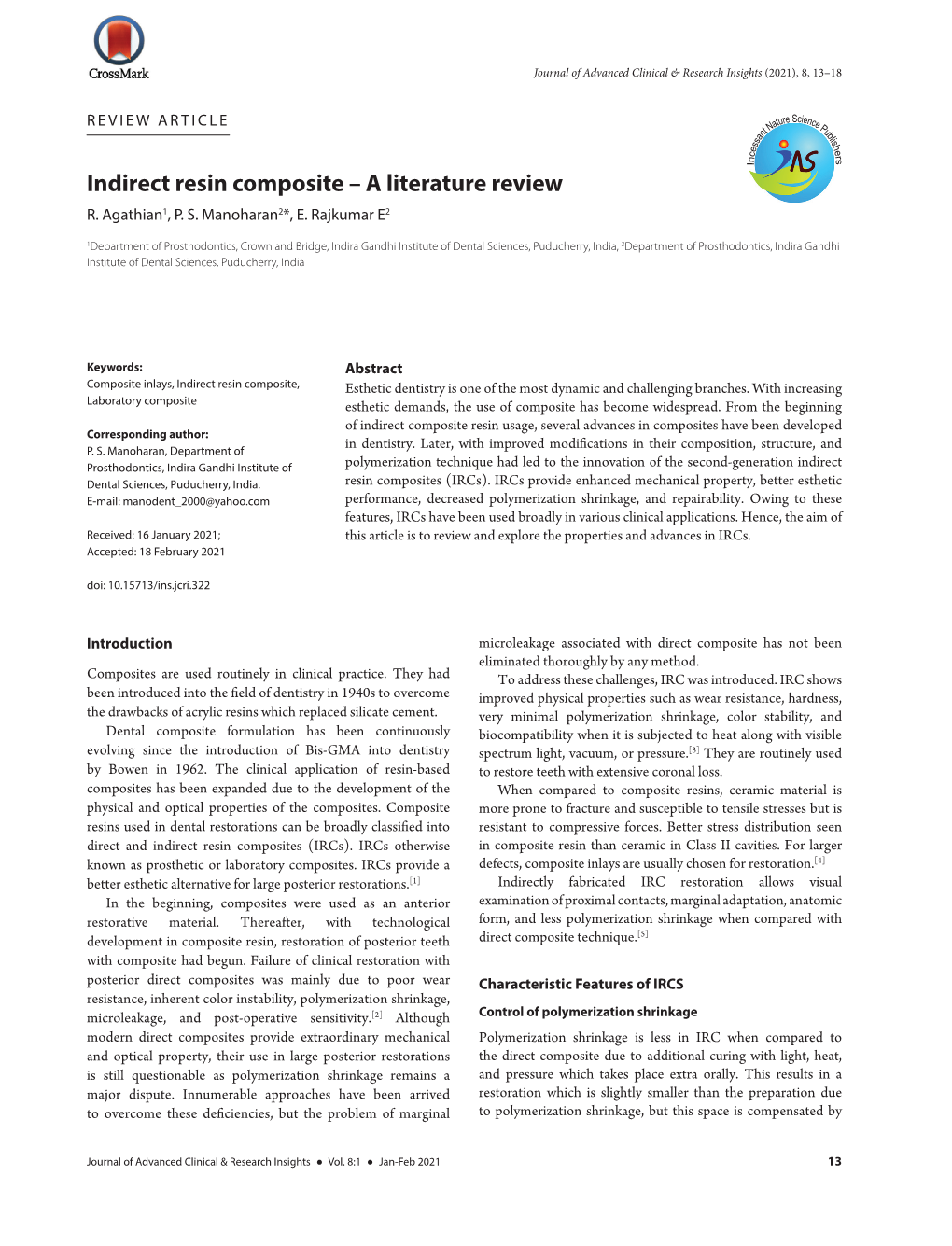 Indirect Resin Composite – a Literature Review R