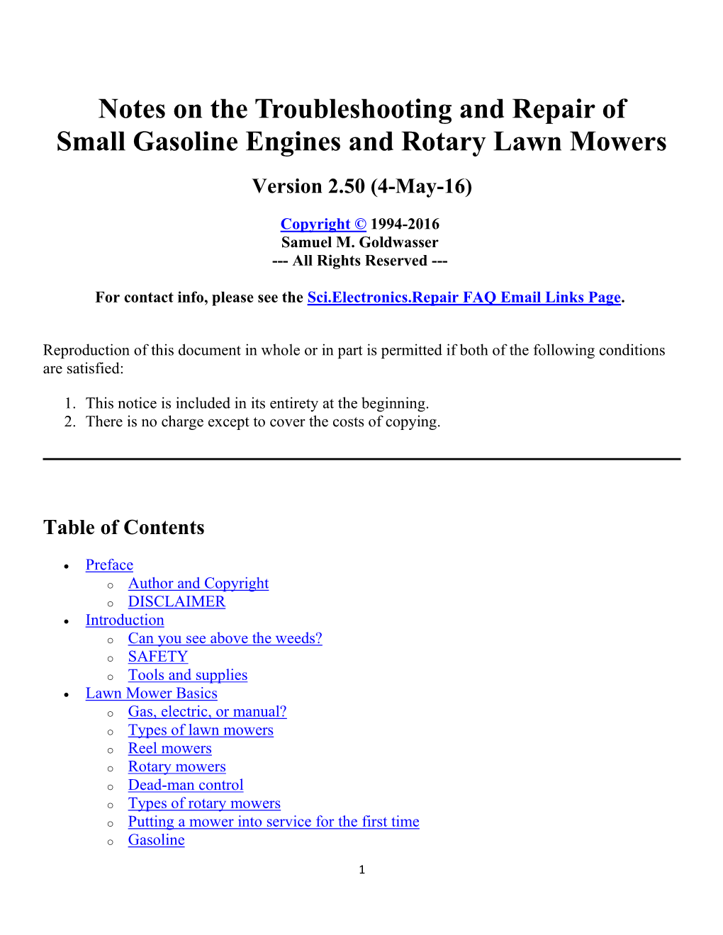 Notes on the Troubleshooting and Repair of Small Gasoline Engines and Rotary Lawn Mowers Version 2.50 (4-May-16)