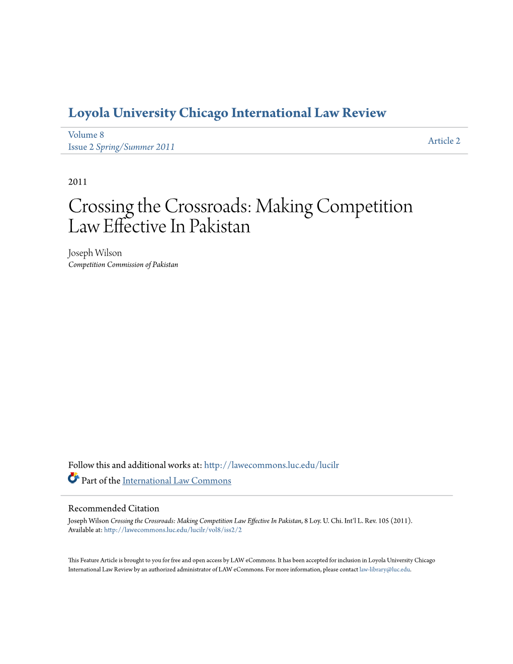 Making Competition Law Effective in Pakistan Joseph Wilson Competition Commission of Pakistan