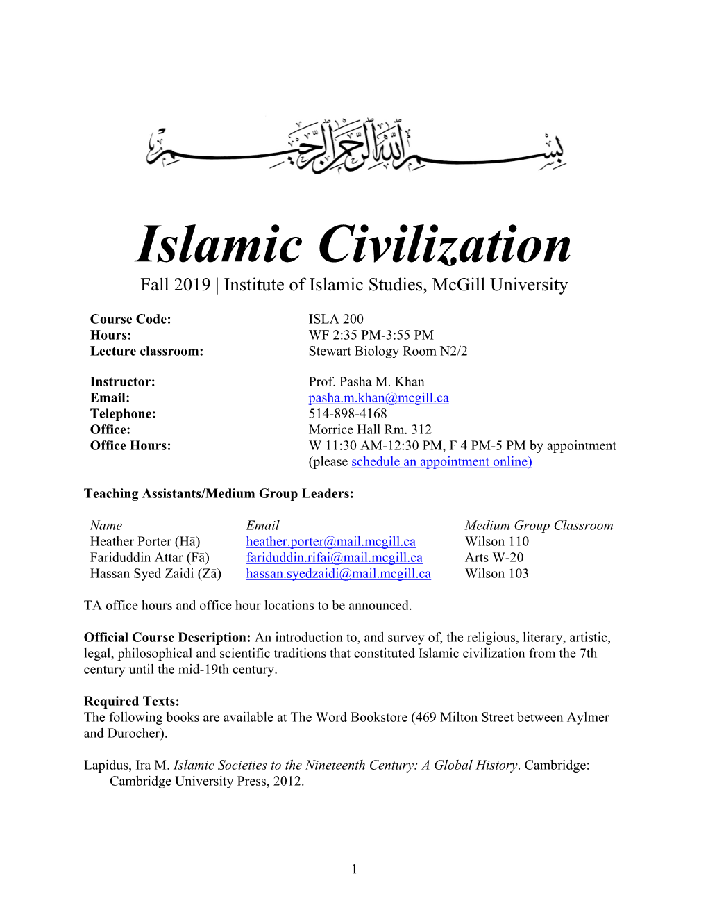 Islamic Civilization Fall 2019 | Institute of Islamic Studies, Mcgill University
