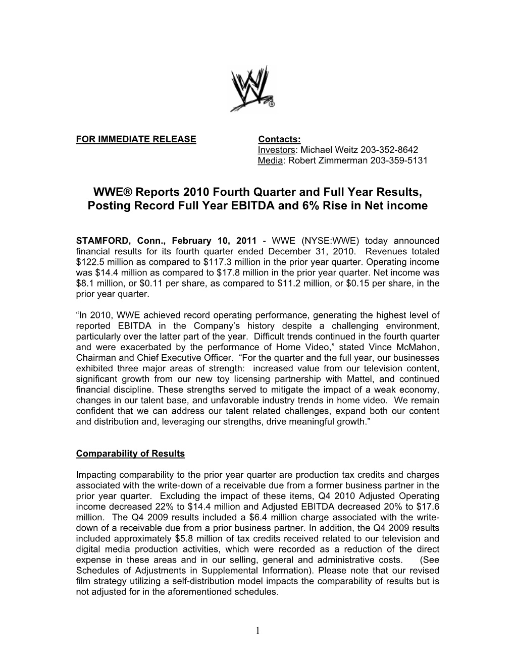 WWE® Reports 2010 Fourth Quarter and Full Year Results, Posting Record Full Year EBITDA and 6% Rise in Net Income